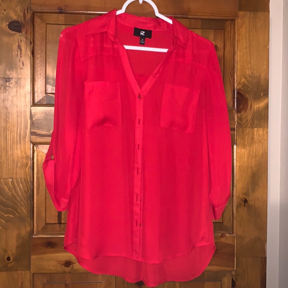 IZ Byer 3/4 Sleeve Semi Sheer Button Up